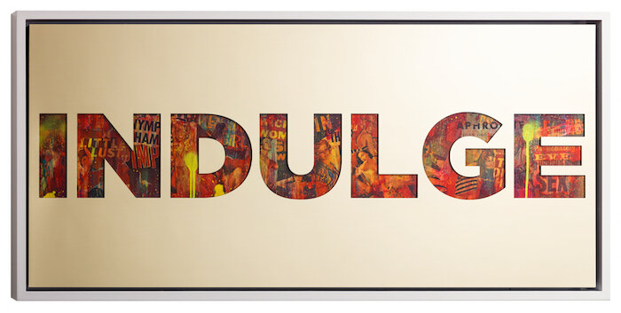 Indulge by Jeremy Penn — Mirror-polished gold aluminum, vintage erotica, & spray paint on panel